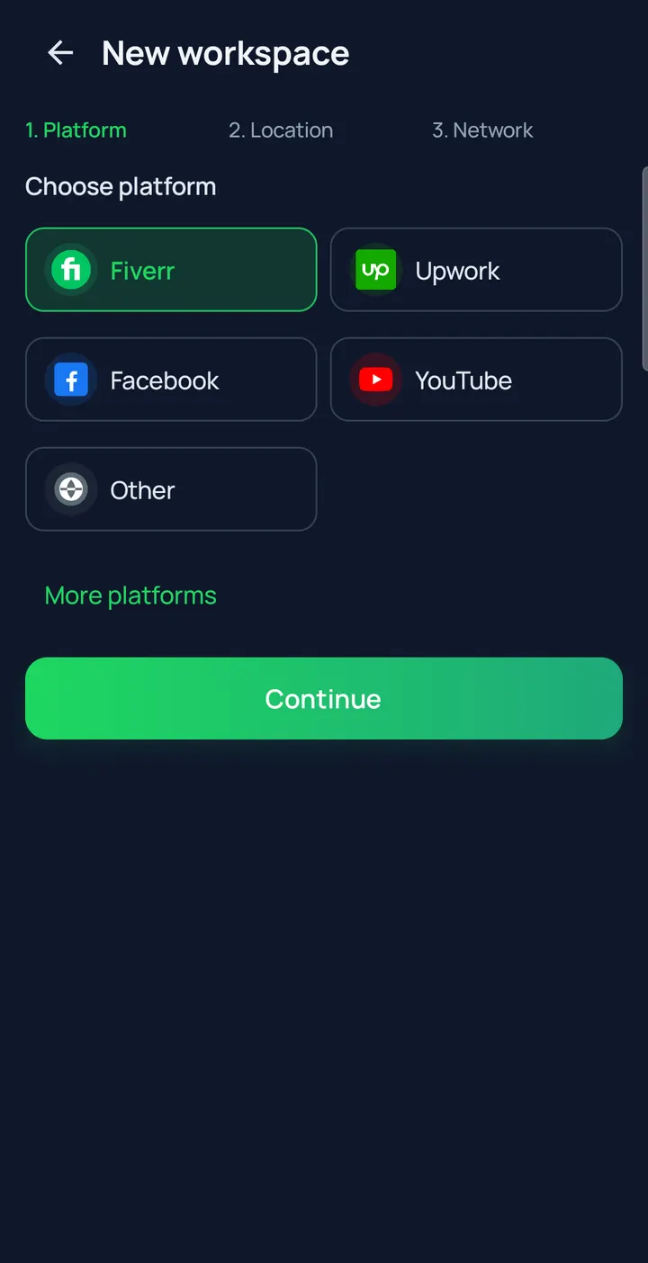 WASL Browser New workspace screen on the platform step with Fiverr, Upwork, Facebook, YouTube, and Other
